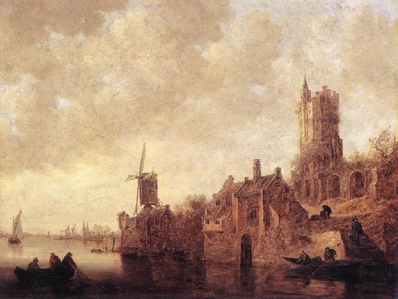 GOYEN, Jan van River Landscape with a Windmill and a Ruined Castle sdg oil painting picture